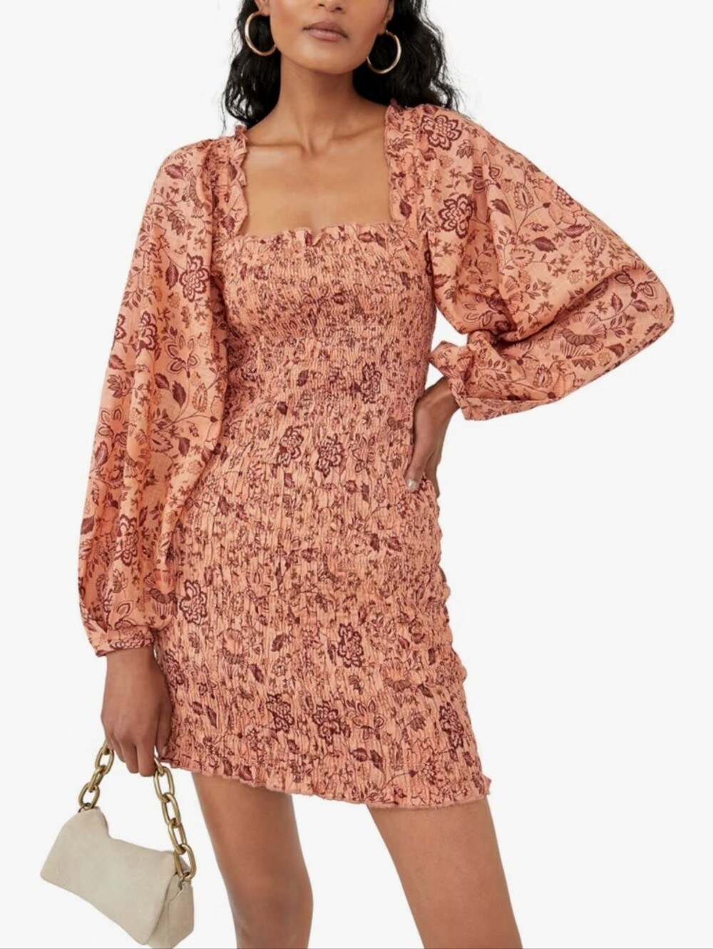 Free People Smock It To Me Mini Dress Puff Sleeves Apricot Combo Women's Large